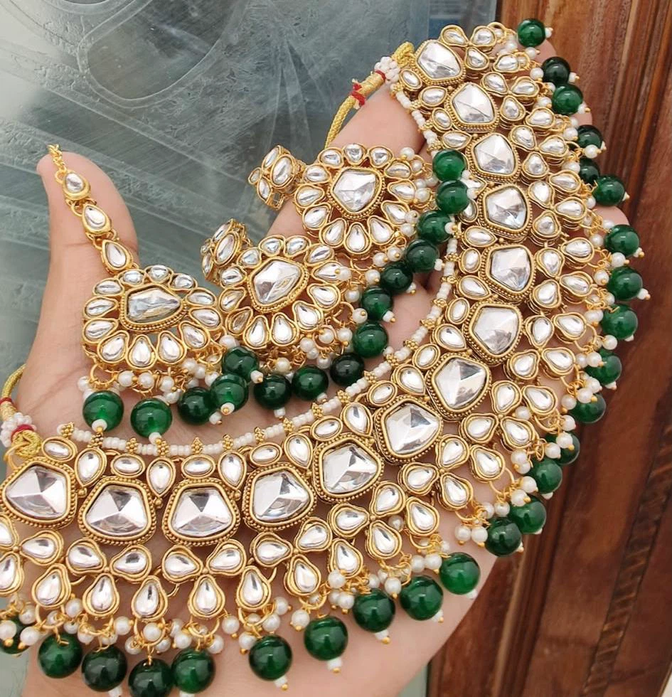 Gold-toned Kundan Necklace Set with Green Beads