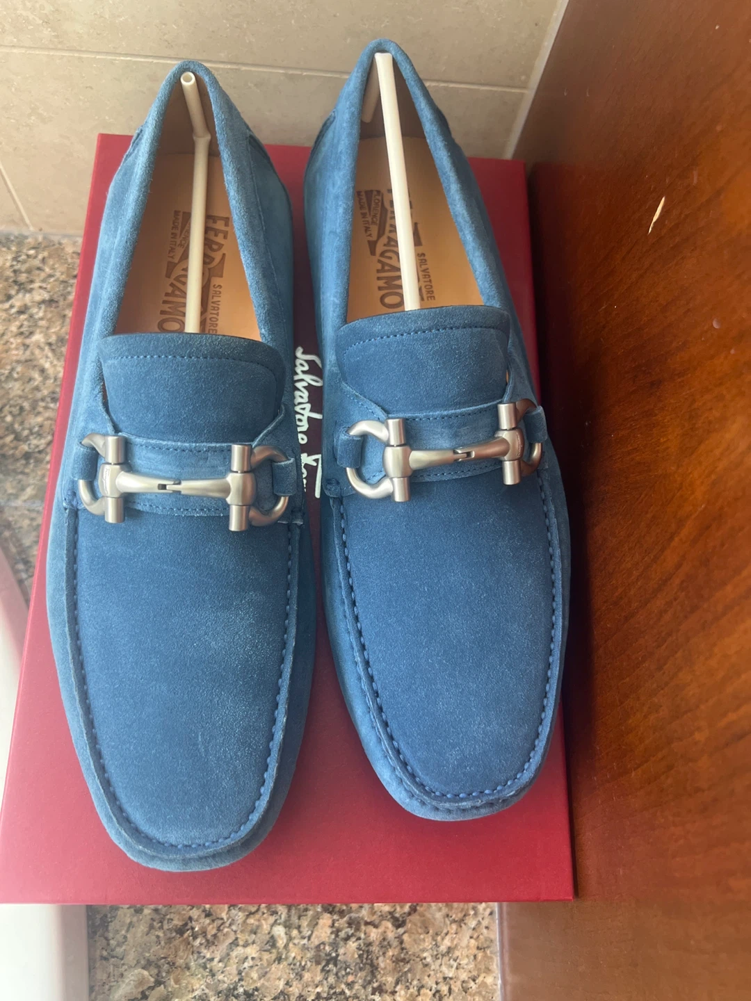 Salvatore Ferragamo Blue Suede Gancini Loafers