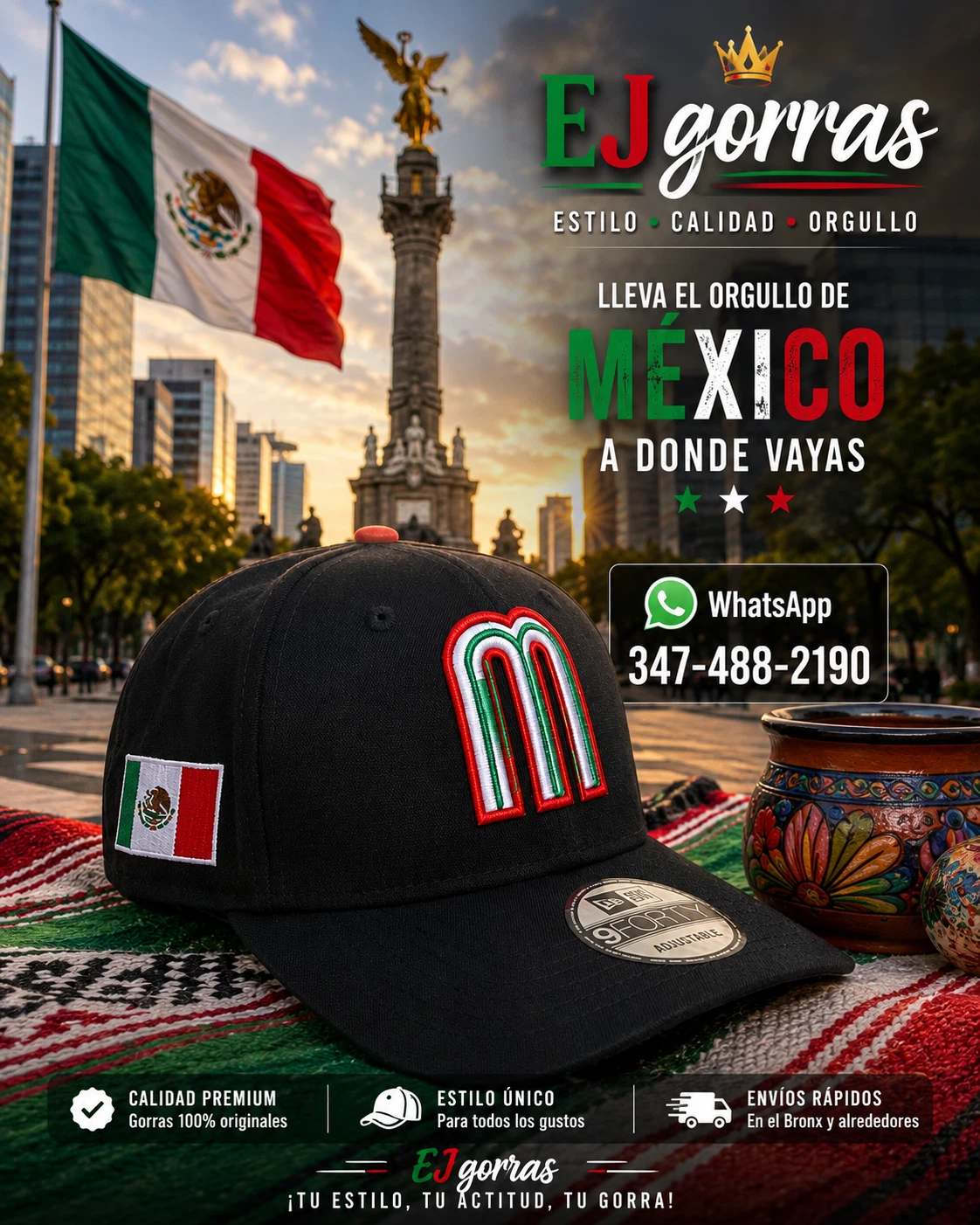 New Era 9Forty Adjustable Black Logo Cap with Mexican Flag Patch