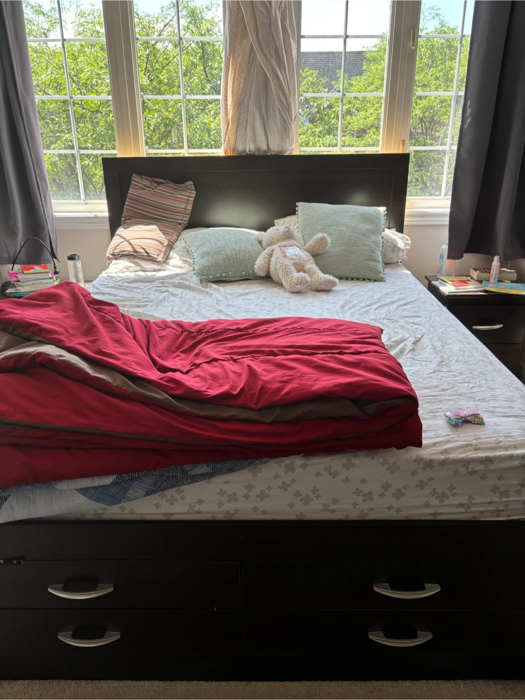 Dark Wood Queen Size Bed Frame with 2 nightstands