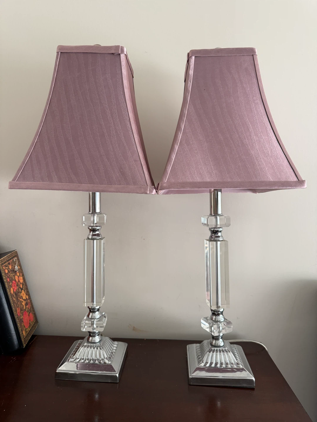 Pair of Crystal Accent Table Lamps with Pink Shades