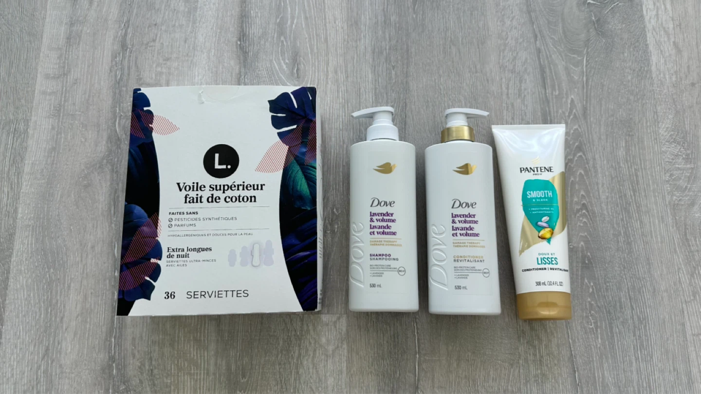 L. Cotton Pads, Dove Shampoo & Conditioner, Pantene Conditioner