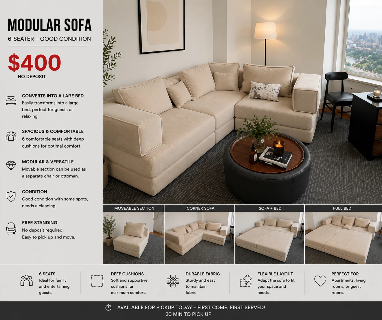 Modular 6-Seater Sofa - Converts to Bed