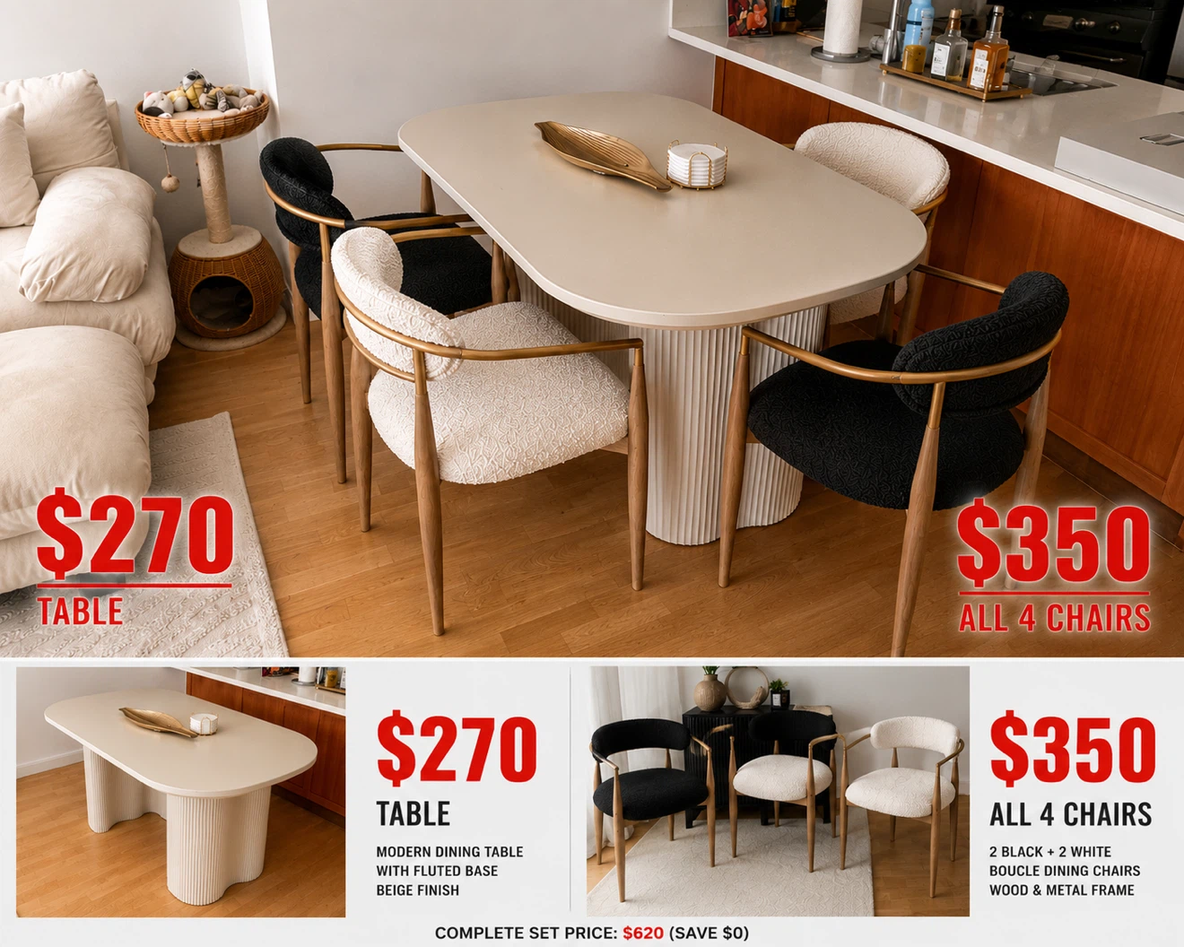Modern Fluted Base Dining Table & Boucle Chairs Set