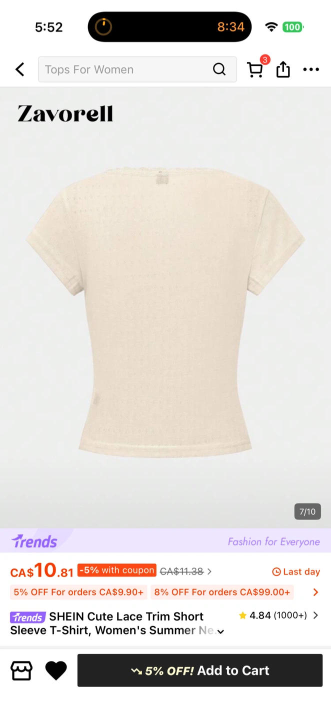 Cute Lace Trim Short Sleeve T-Shirt - Apricot - photo 4