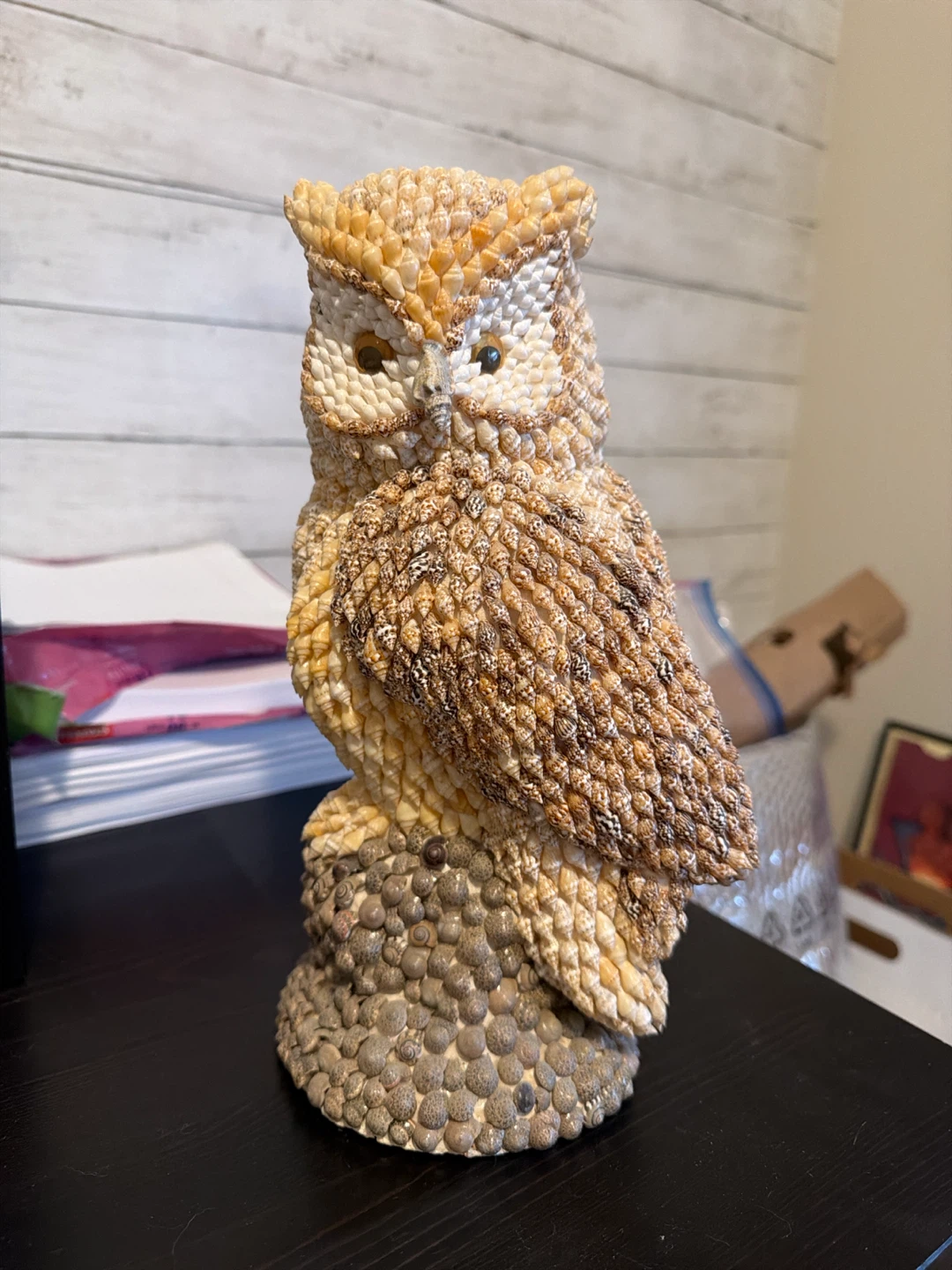Vintage Encrusted Owl Figurine Shell Art 11" Tall Folk Art