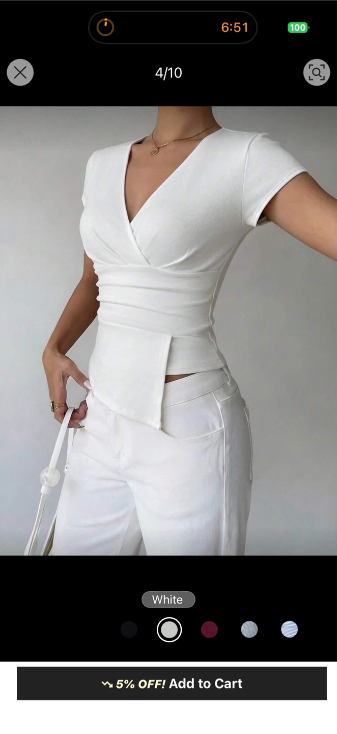White Elegant Summer Brunch Deep V-Neck Ruched Short Sleeve Top - photo 4