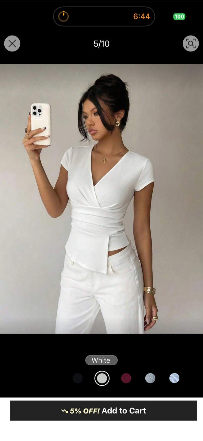White Elegant Summer Brunch Deep V-Neck Ruched Short Sleeve Top