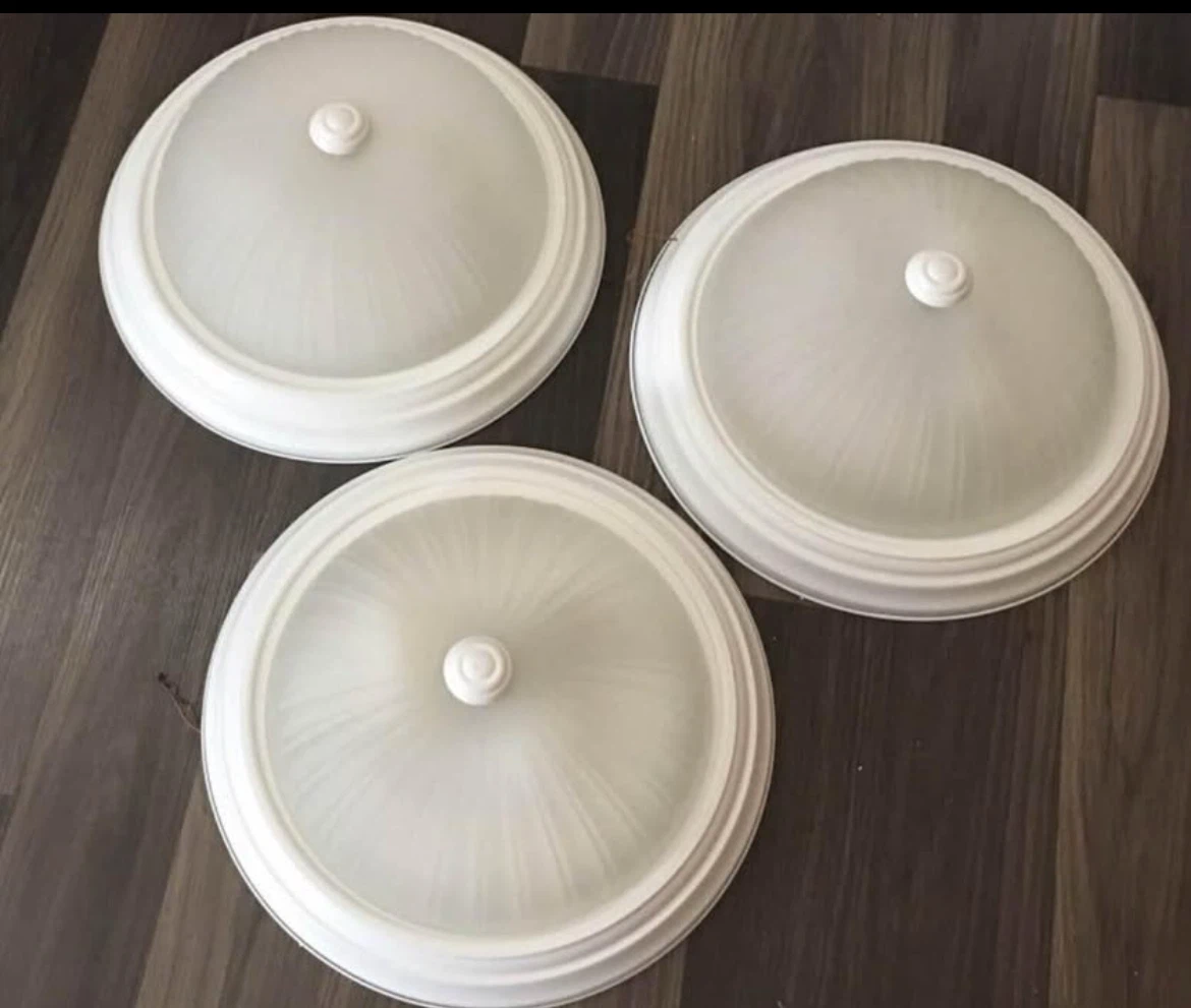 Set of 3 White Flush Mount Ceiling Lights Frosted Glass
