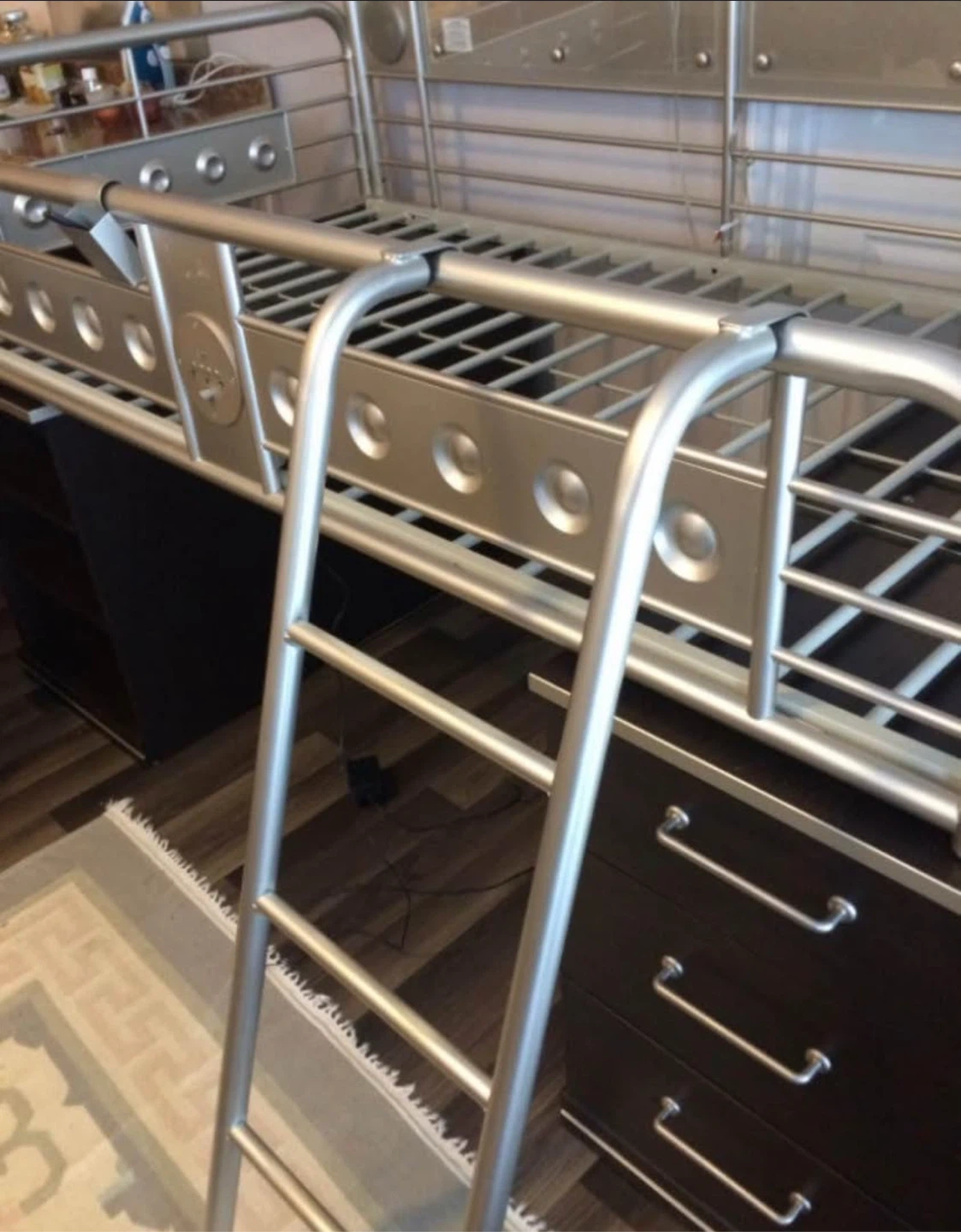 Silver Loft Bed with Desk and Drawers
