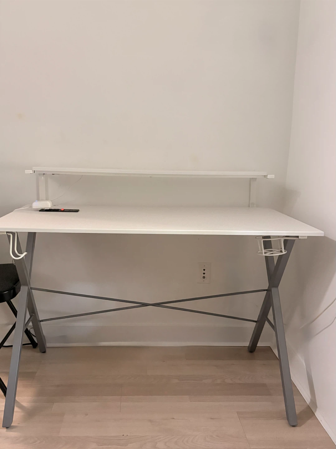 White Gaming Desk with Shelf and Cup Holder