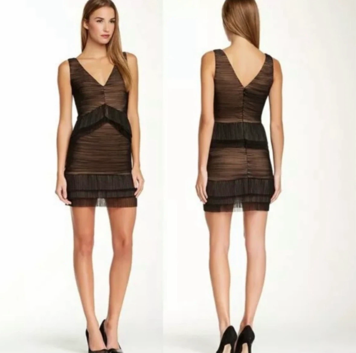 BCBGMAXAZRIA Black Pleated Sheer V-Neck Mini Dress
