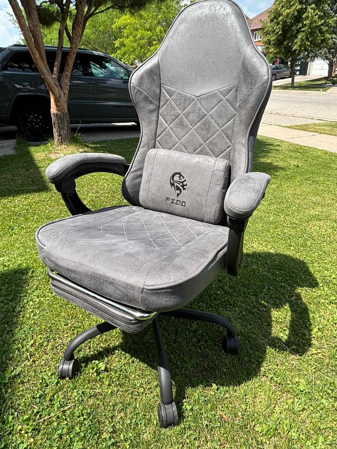 Grey Gaming Chair with Footrest and Lumbar Pillow