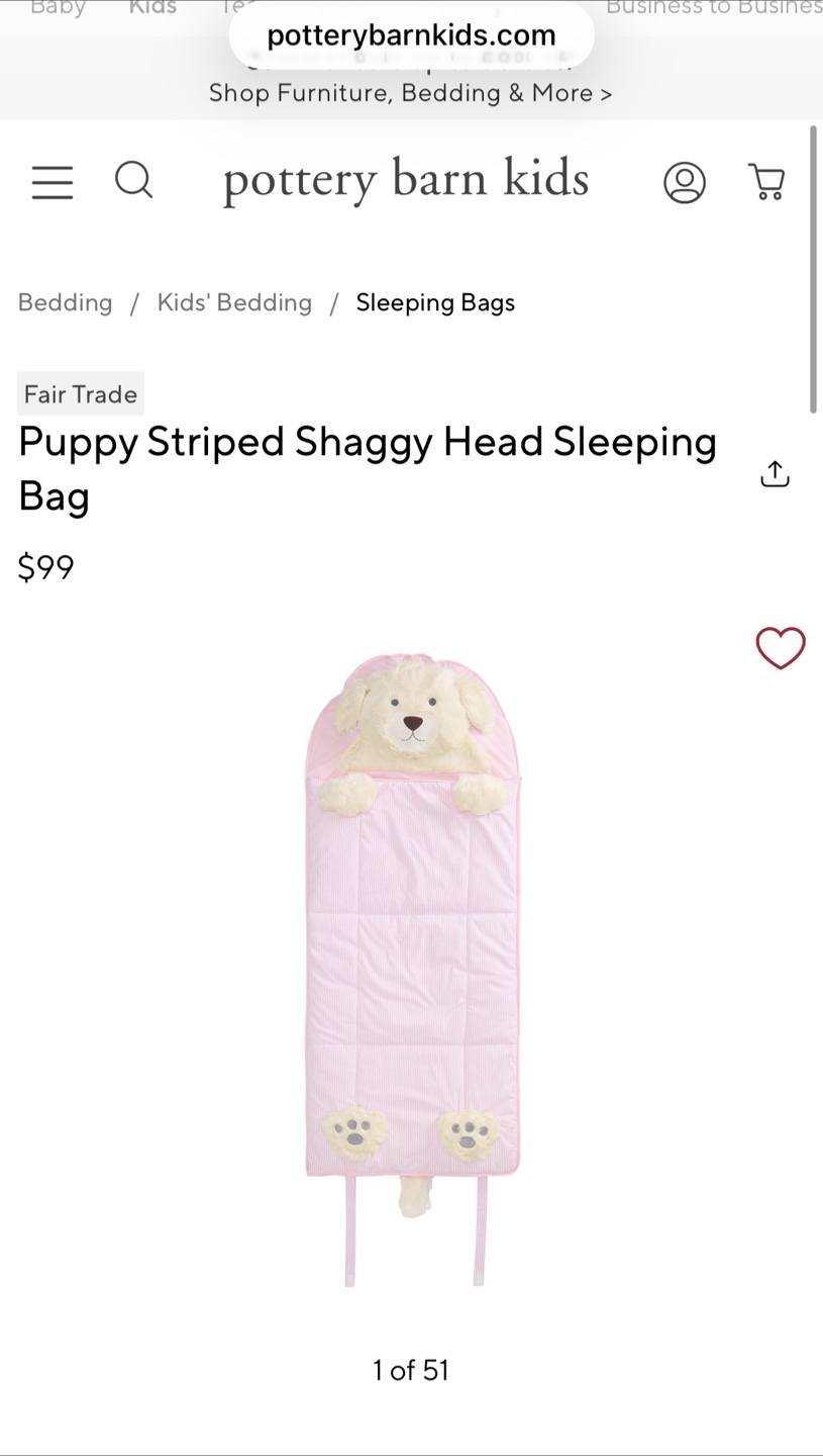 Pottery Barn Kids Puppy Shaggy Head Sleeping Bag Pink 71x29in