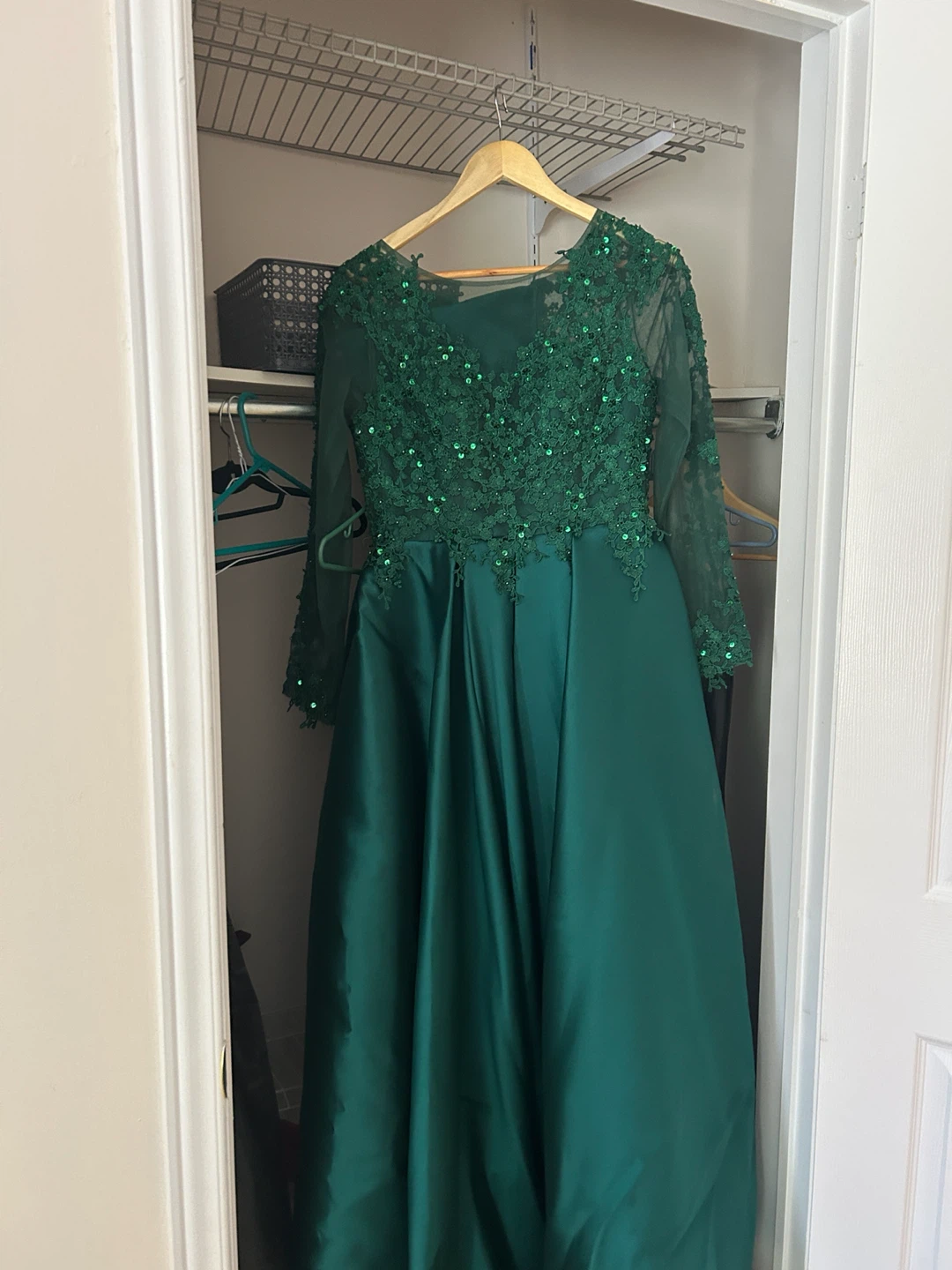 Emerald Green Beaded Lace Long Sleeve Gown