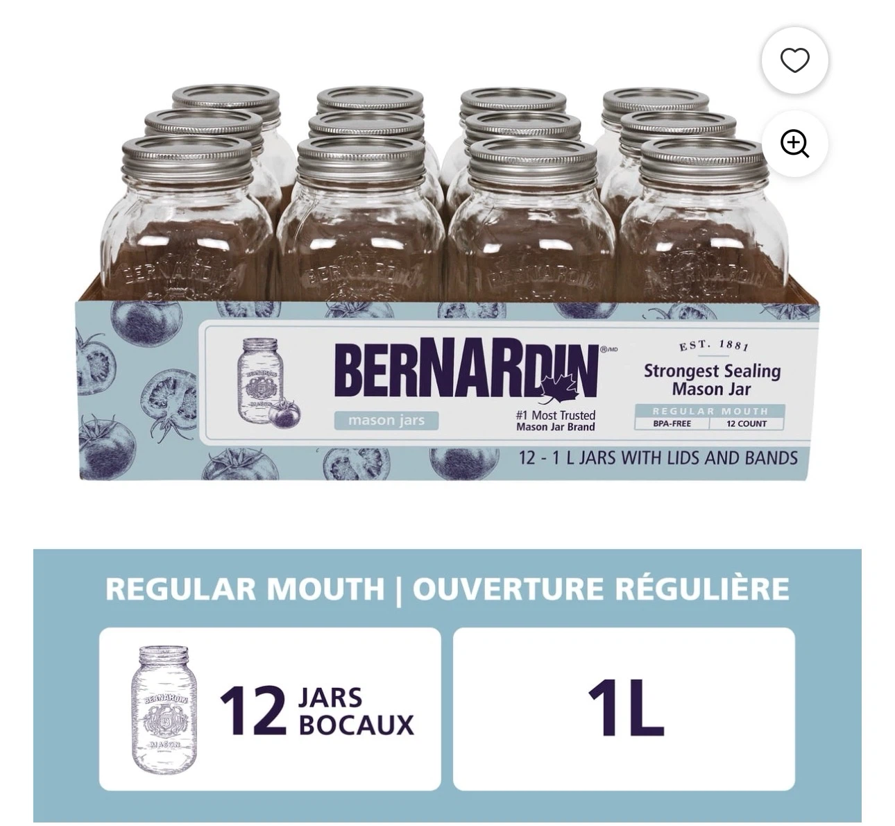 Bernardin Mason Jars with Lids & Bands - 1L (12 Count)