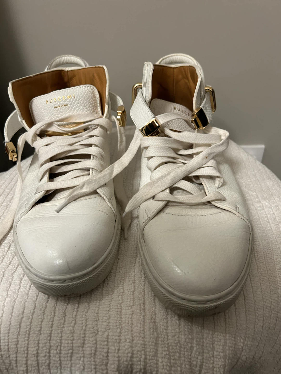 Buscemi White Leather Hi-Top Sneakers with Gold Hardware