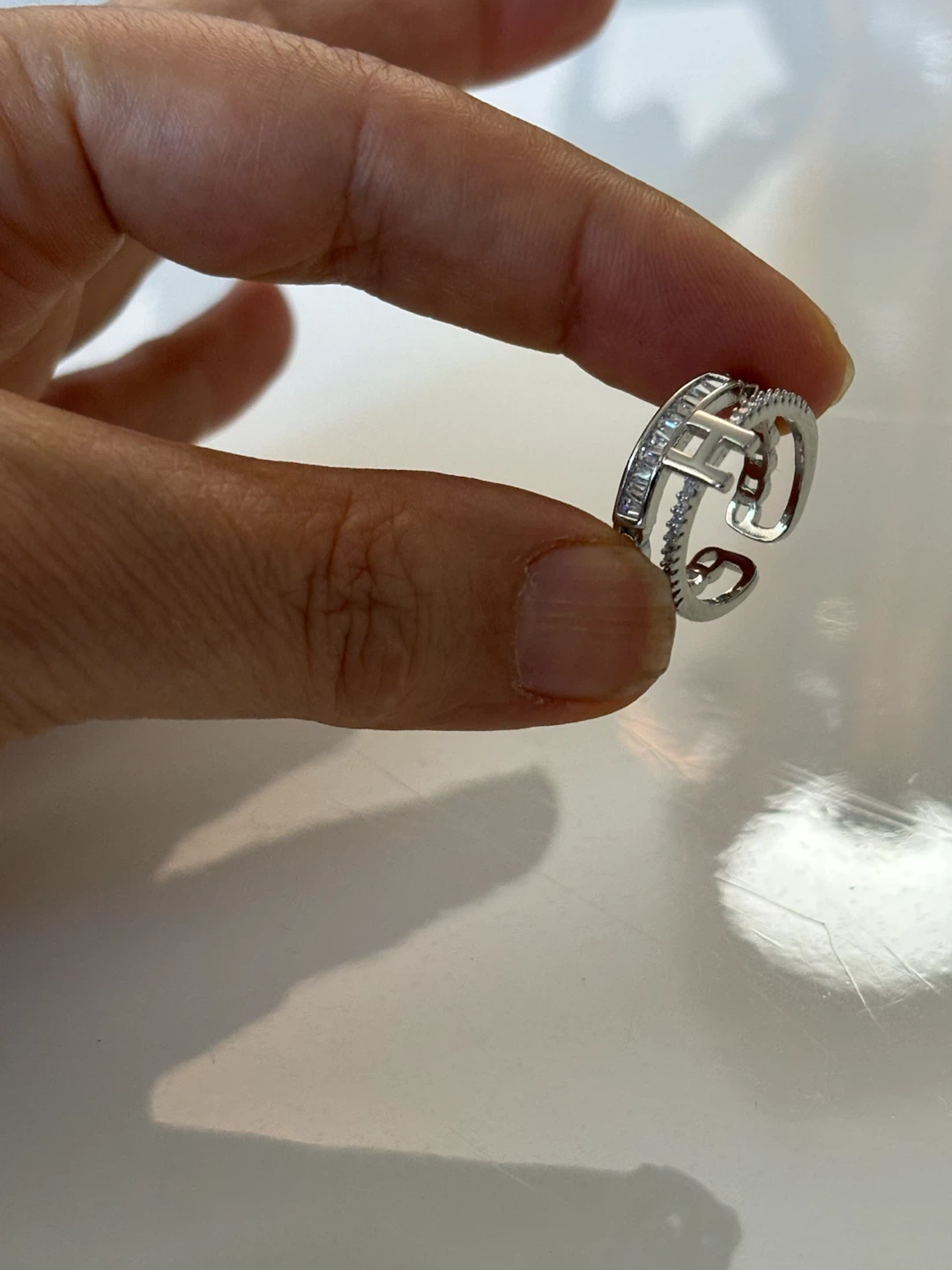 Silver-tone 'H' initial ring with crystal accents