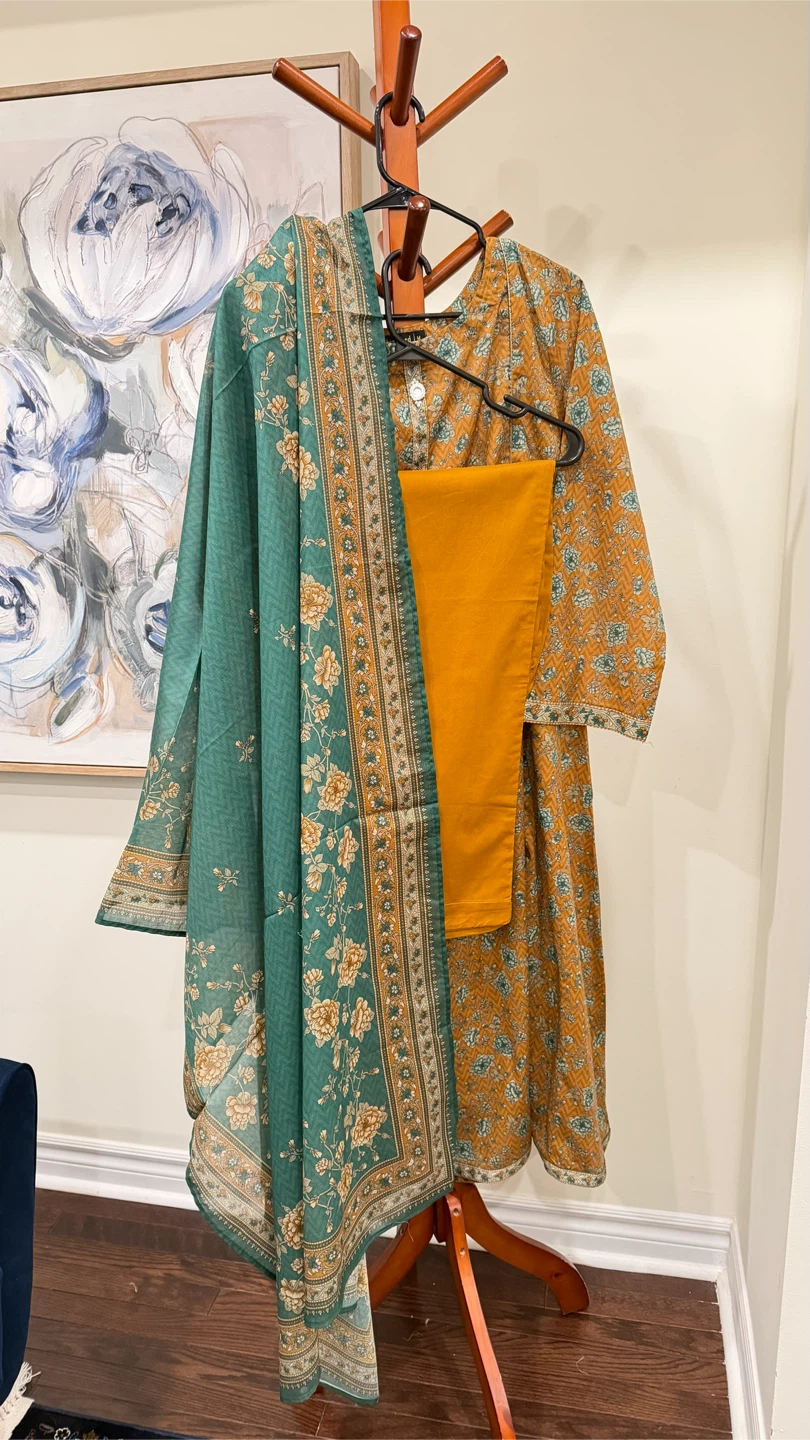 Mustard Floral Print Kurti and Pants Set