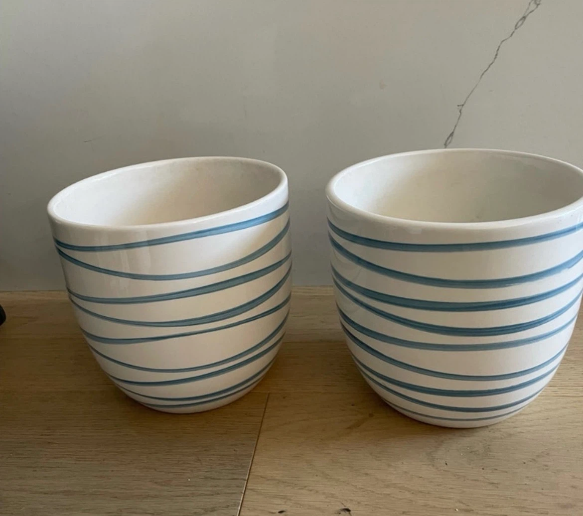 Set of 2 Ceramic Planters with Blue Stripes