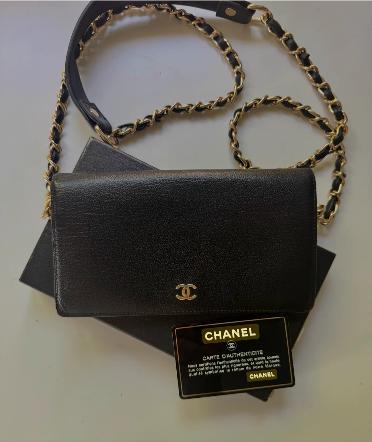 CHANEL Black Leather Vintage Wallet on Chain with Gold Hardware