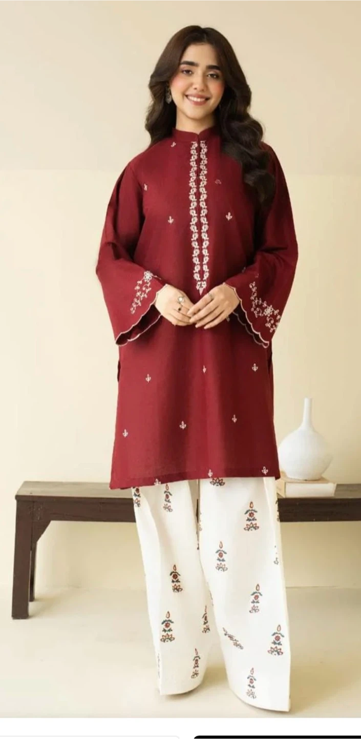 Embroidered Maroon Kurti two piece set