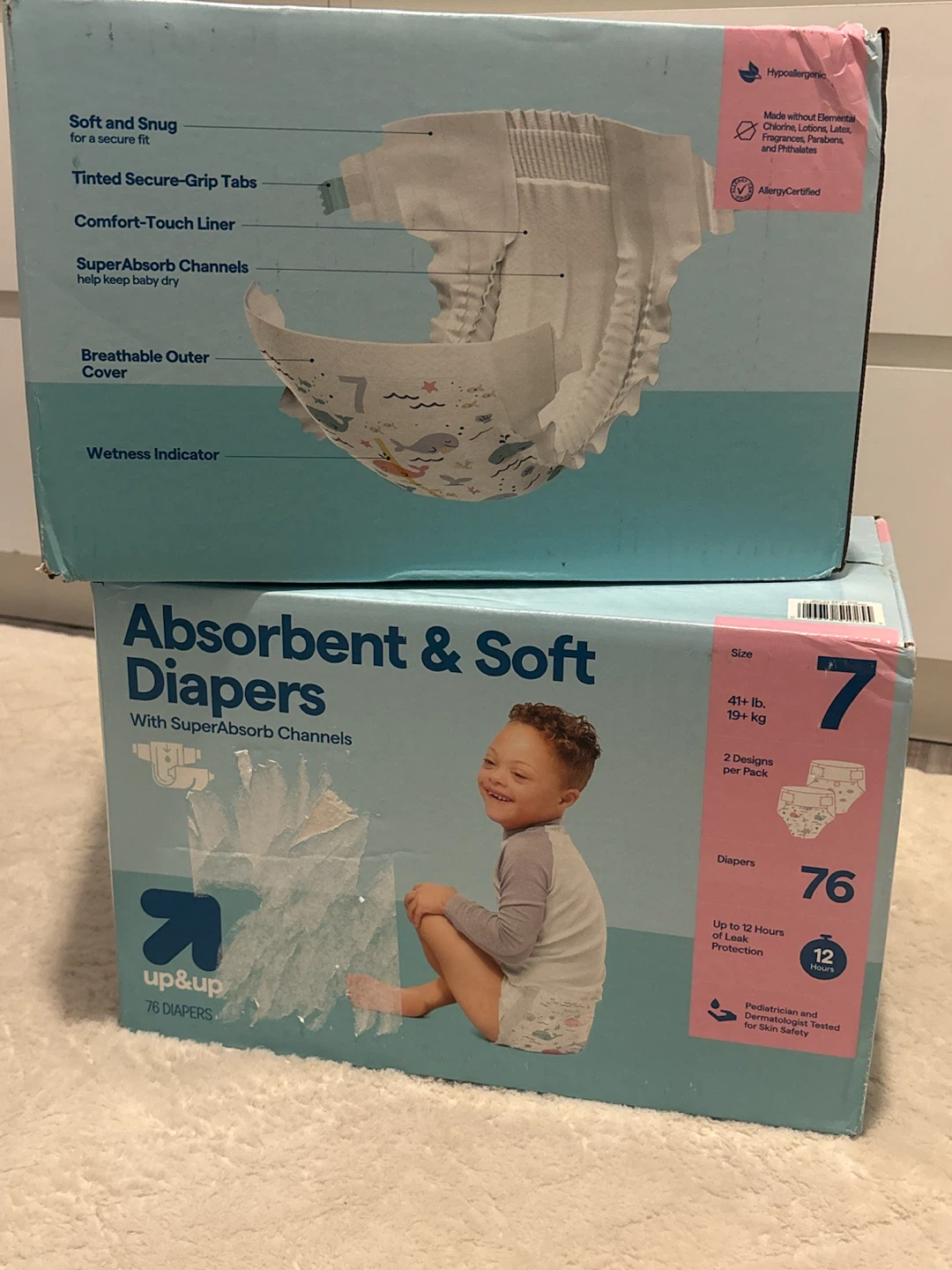 2 boxes of up & up absorbent & soft diapers size 7 (76 ct)
