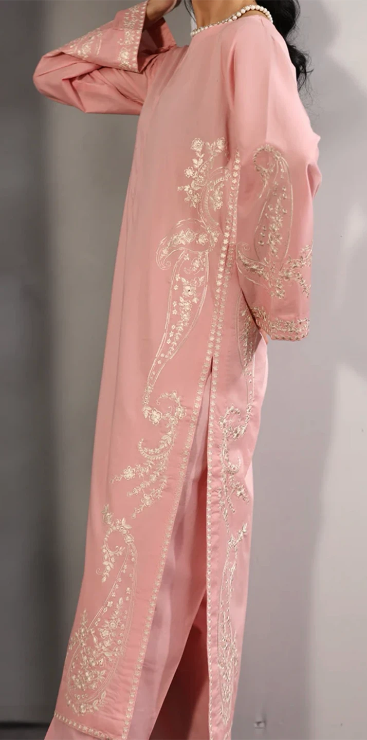 Pink Embroidered lawn Kurti and Pants Set - photo 2