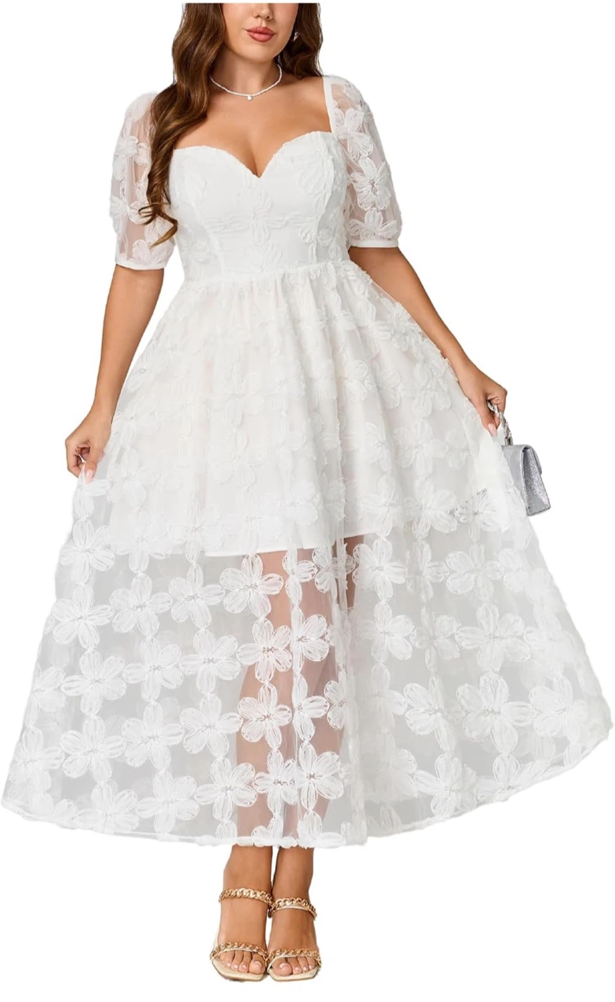 White Lace Floral Dress with Puff Sleeves