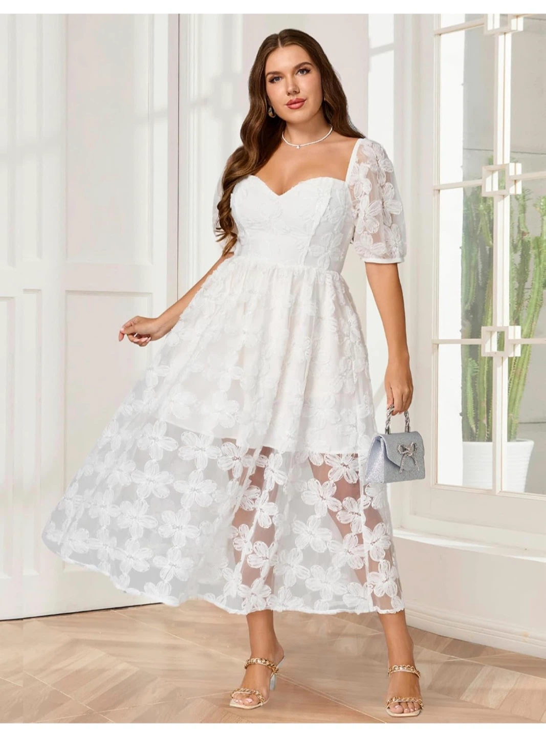 White Lace Floral Dress with Puff Sleeves - photo 2