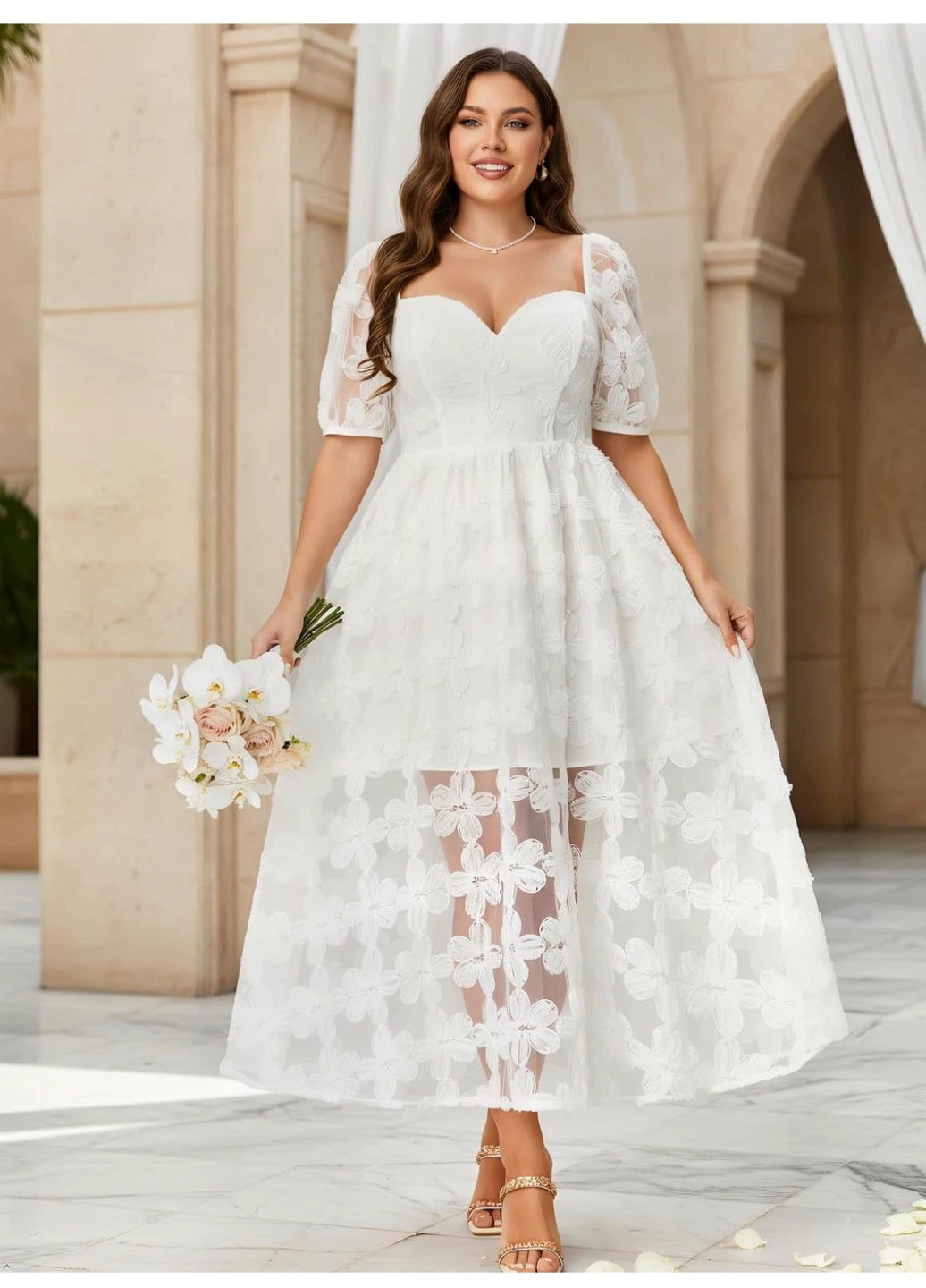 White Lace Floral Dress with Puff Sleeves - photo 4