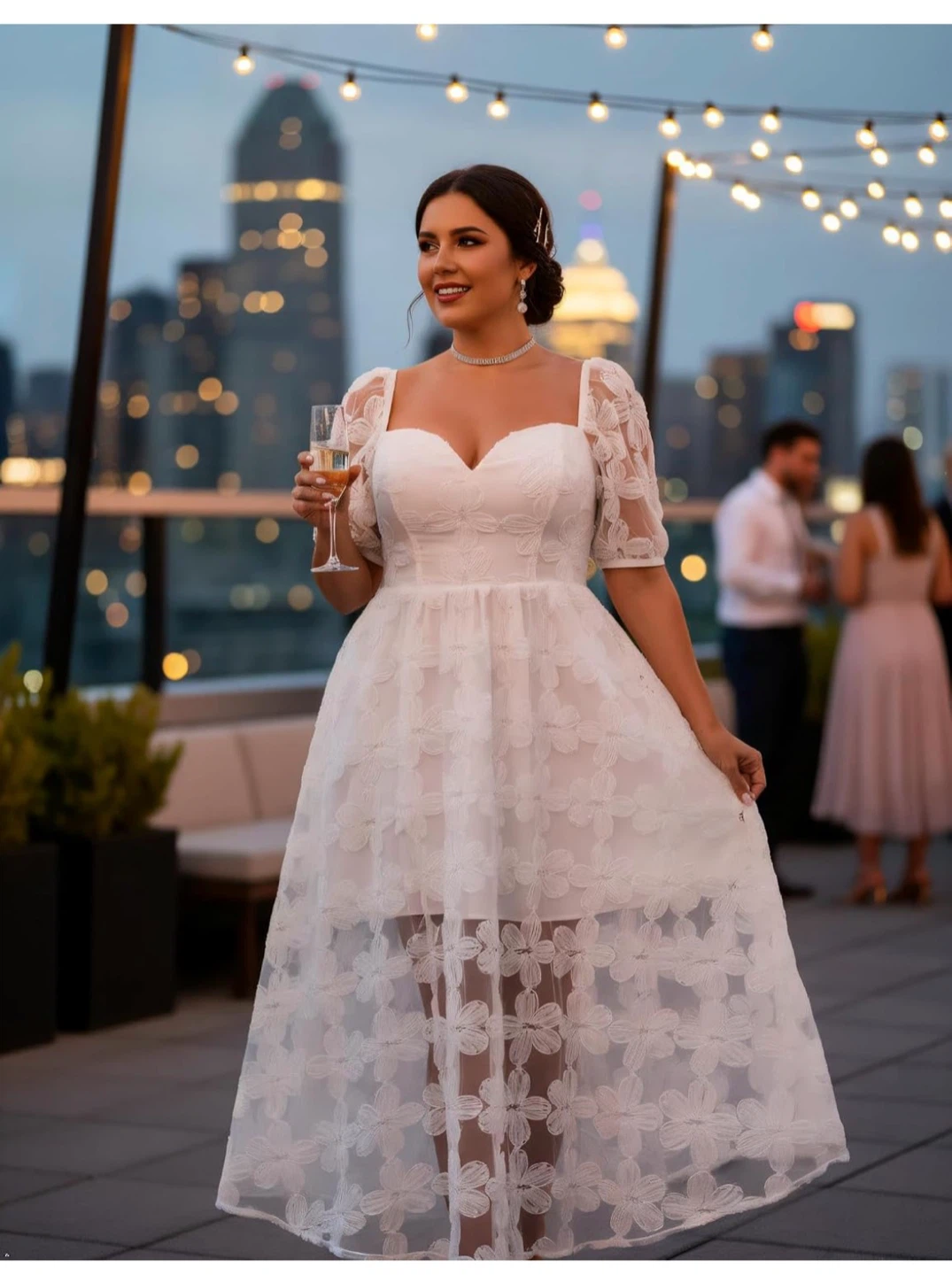 White Lace Floral Dress with Puff Sleeves - photo 5
