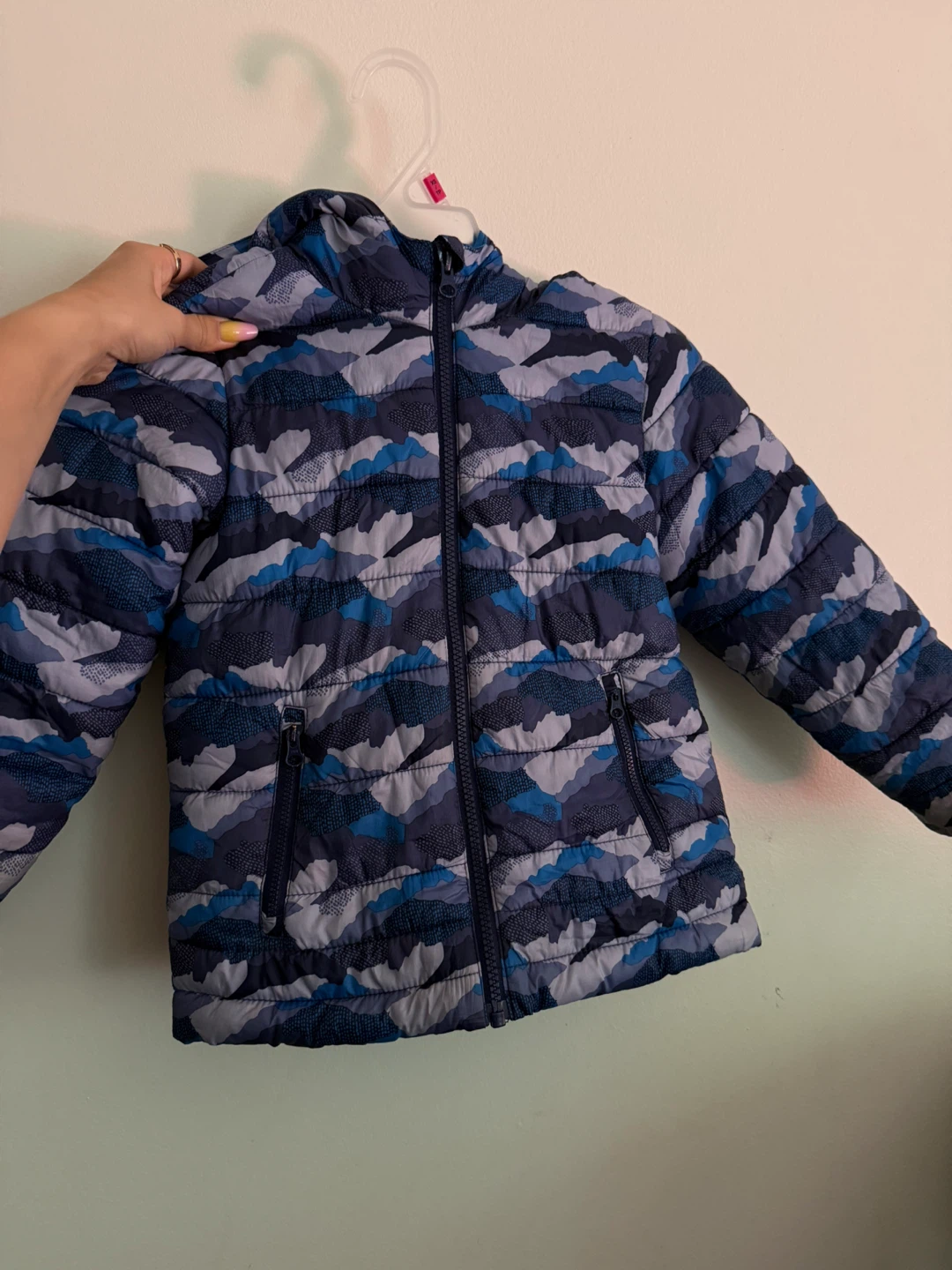 Blue Camo Puffer Jacket with Hood