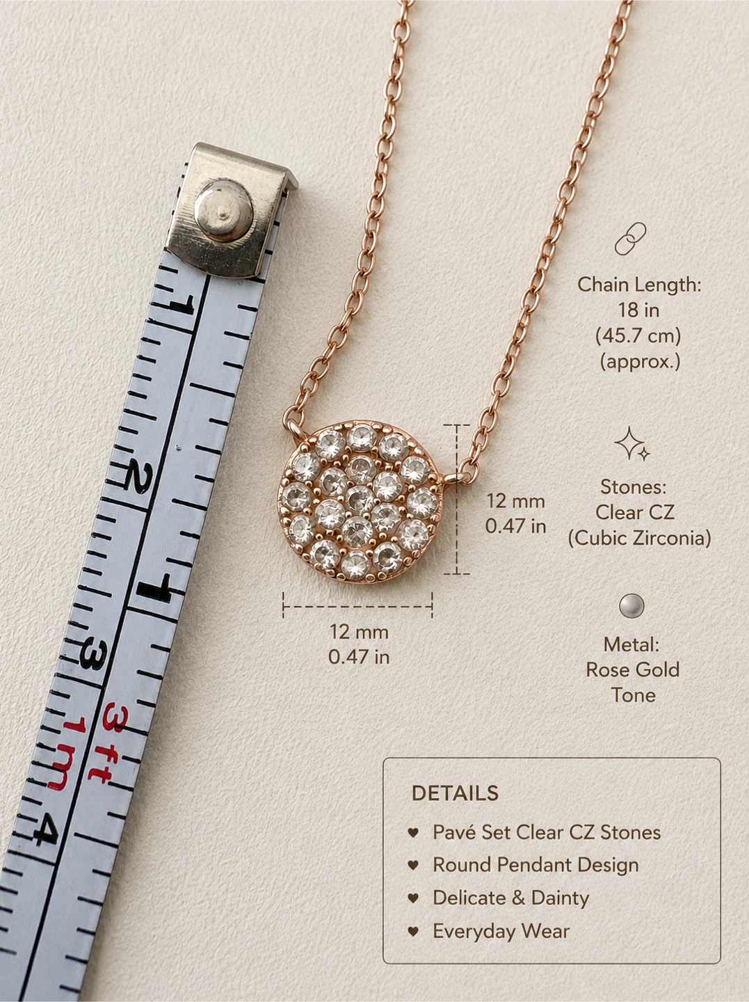 925 Rose Gold Tone Pavé Clear CZ Round Pendant Necklace