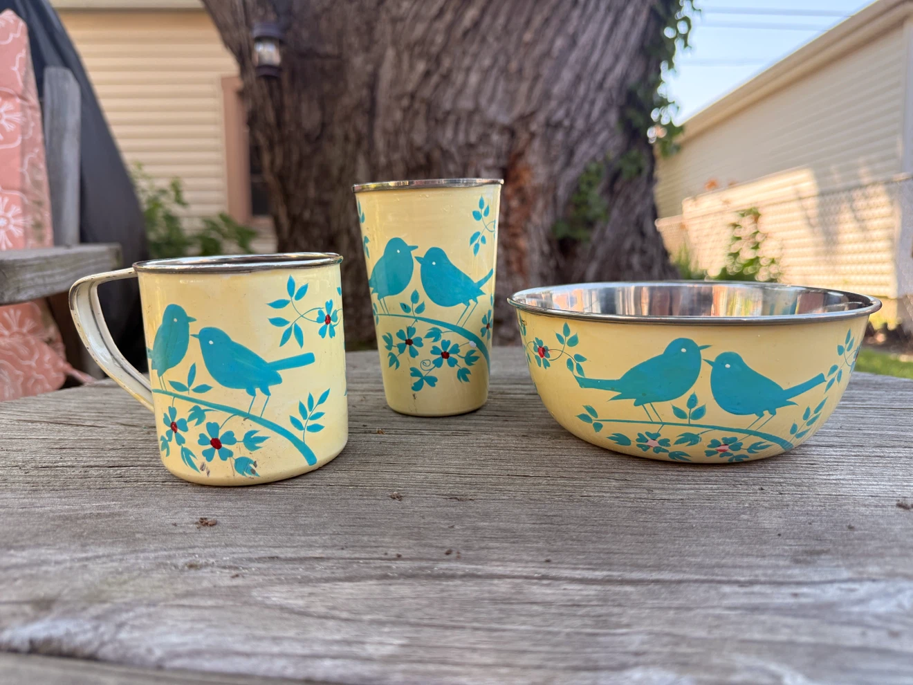 Vintage Enamelware Mug, Tumbler, and Bowl Set with Bird Design