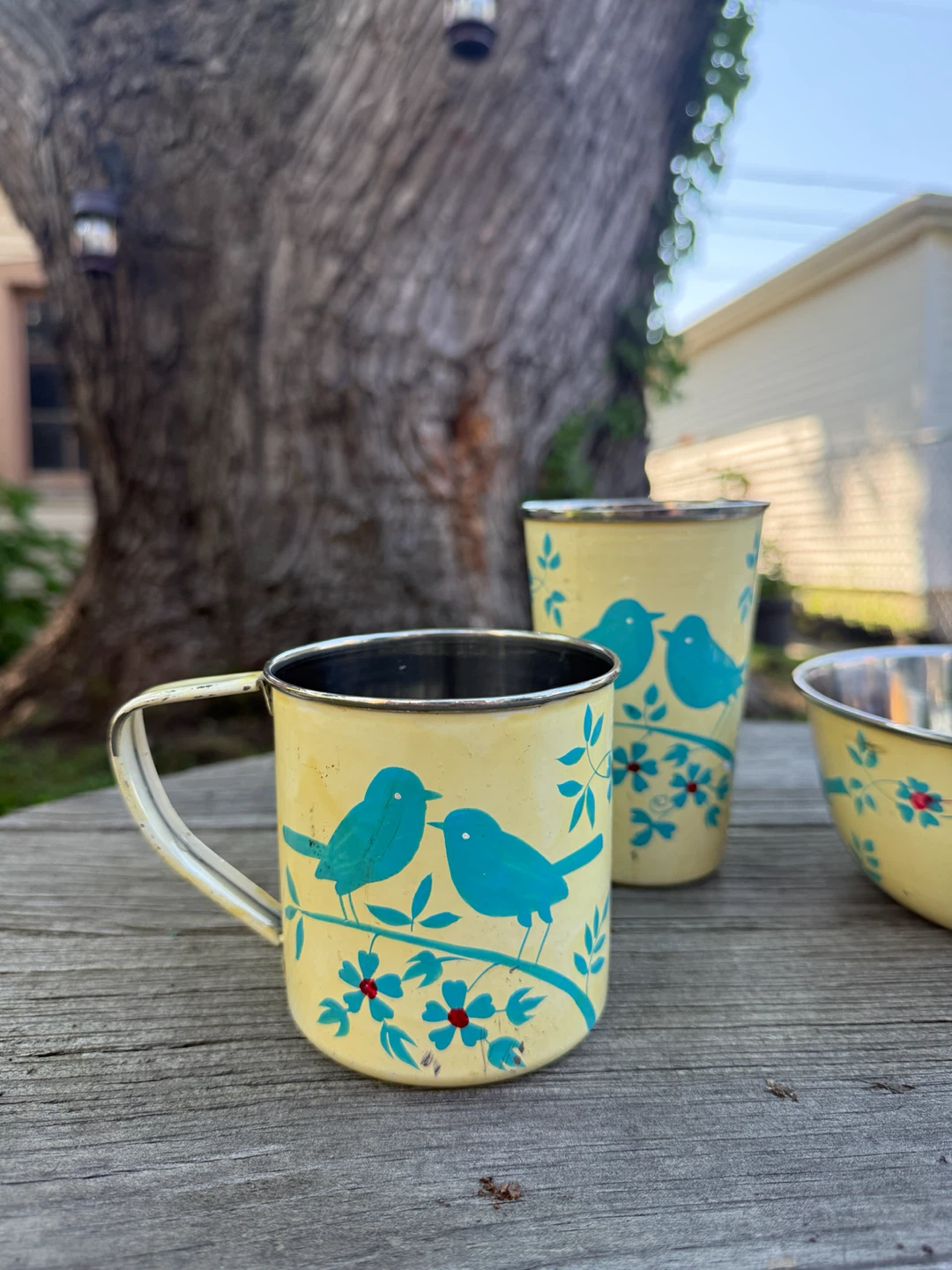 Vintage Enamelware Mug, Tumbler, and Bowl Set with Bird Design - photo 2