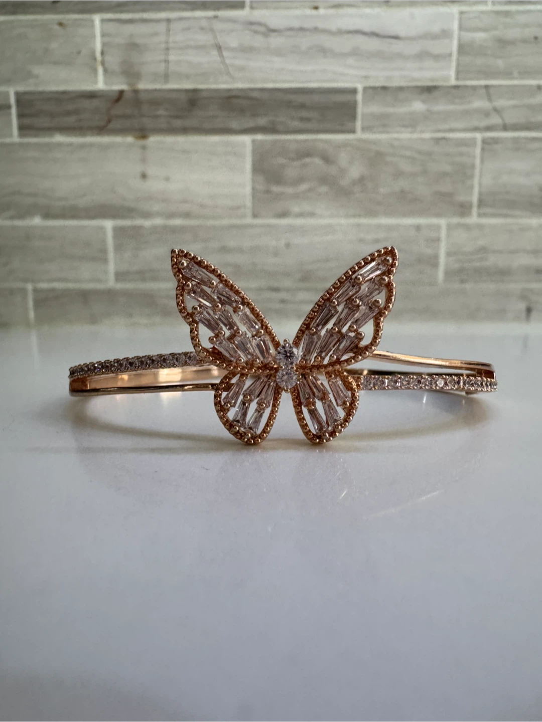 Rose Gold Butterfly Bangle Bracelet with Crystals