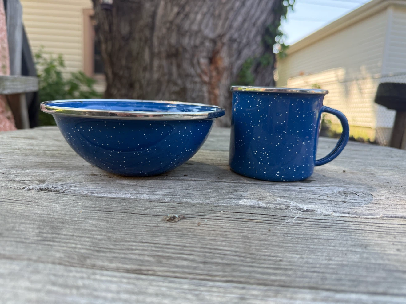 Blue Enamel Camp Mug and Bowl Set