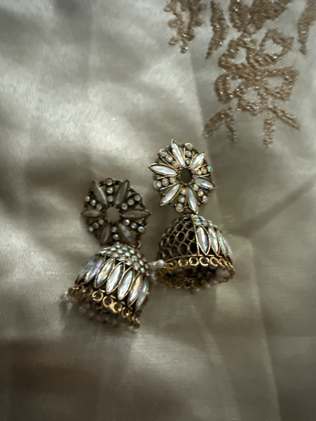 Indian Jhumka Earrings with White and Gold Accents