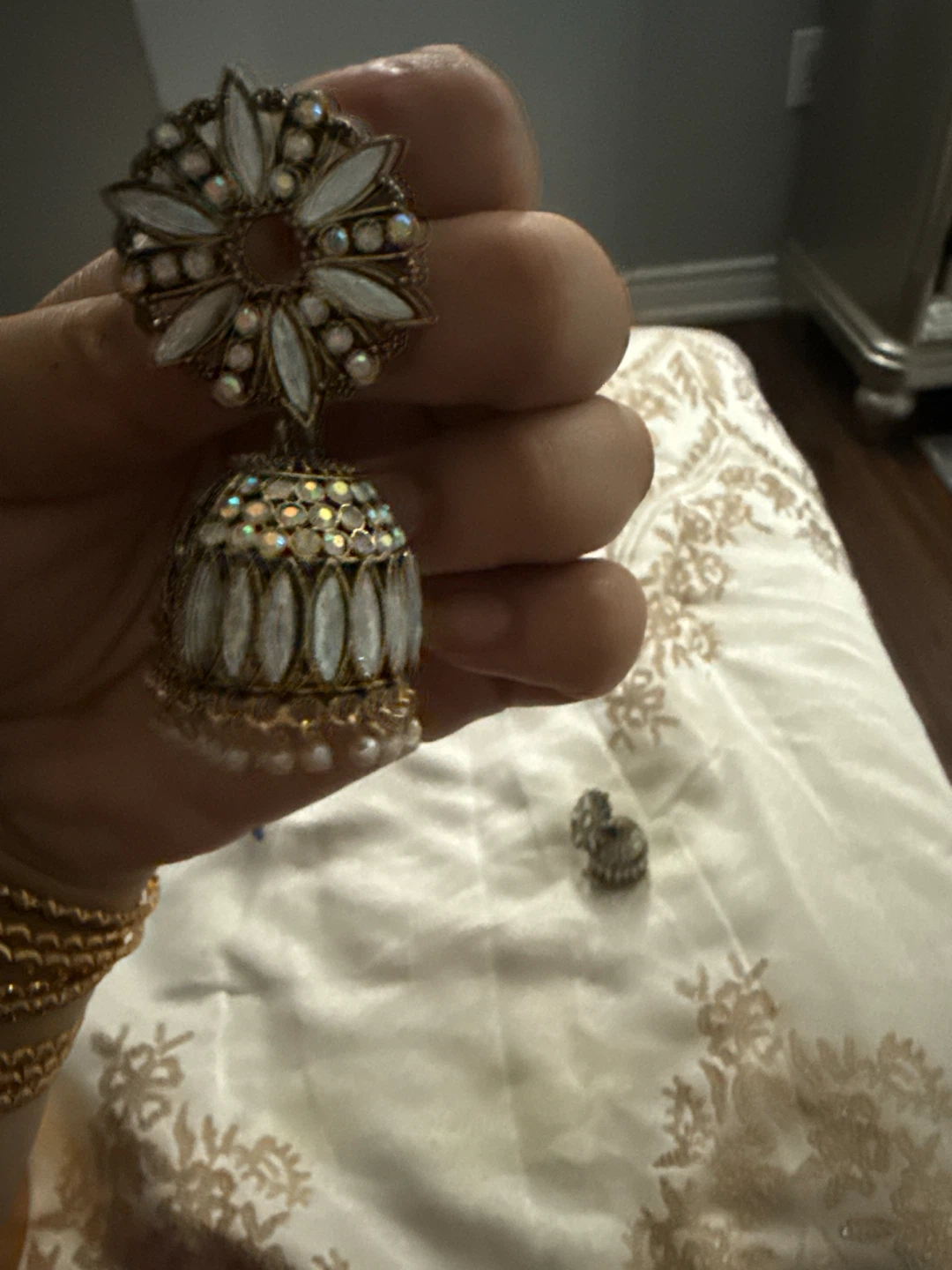 Indian Jhumka Earrings with White and Gold Accents - photo 3