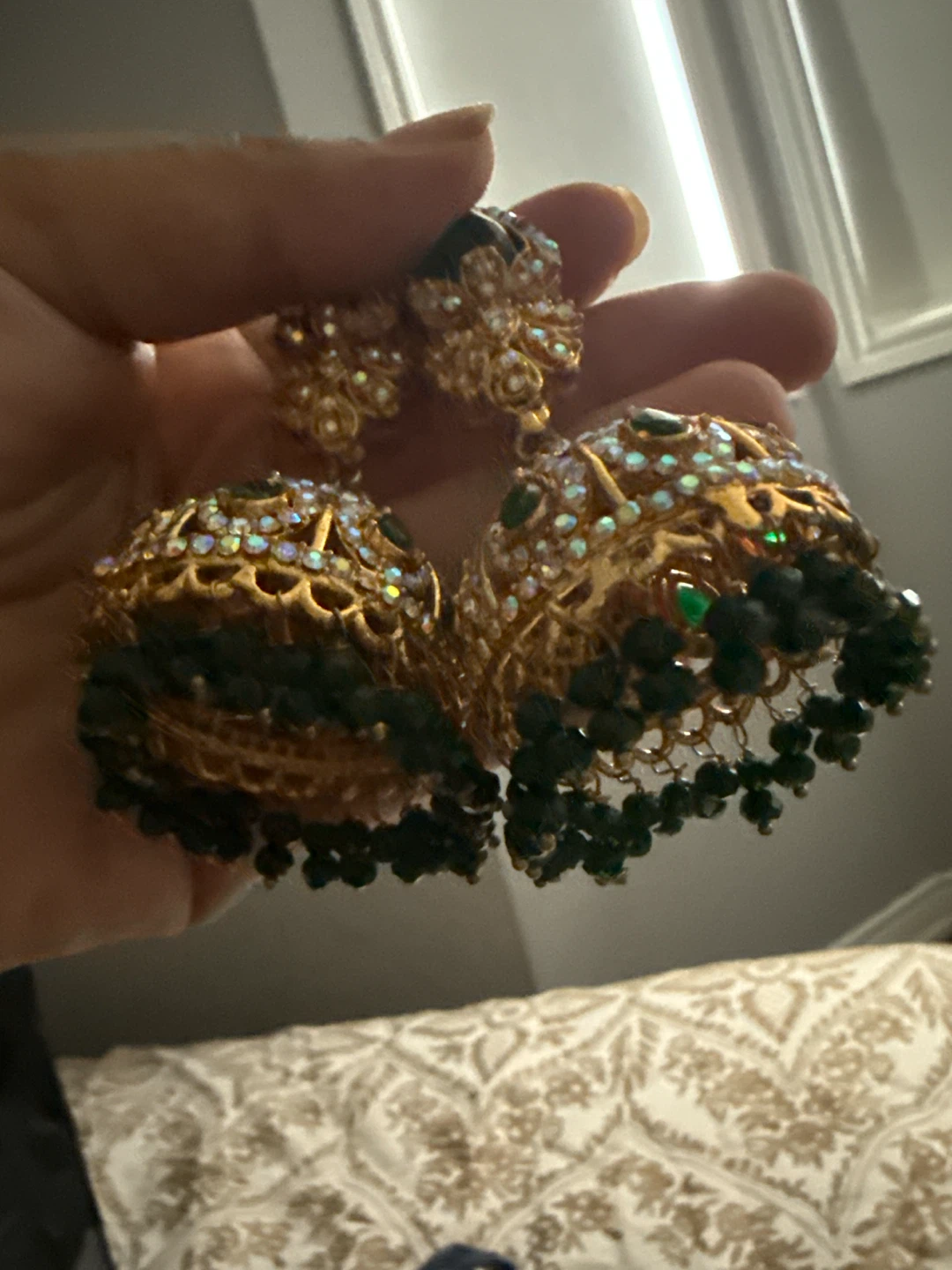 Gold Jhumka Earrings with Green Stones - photo 2