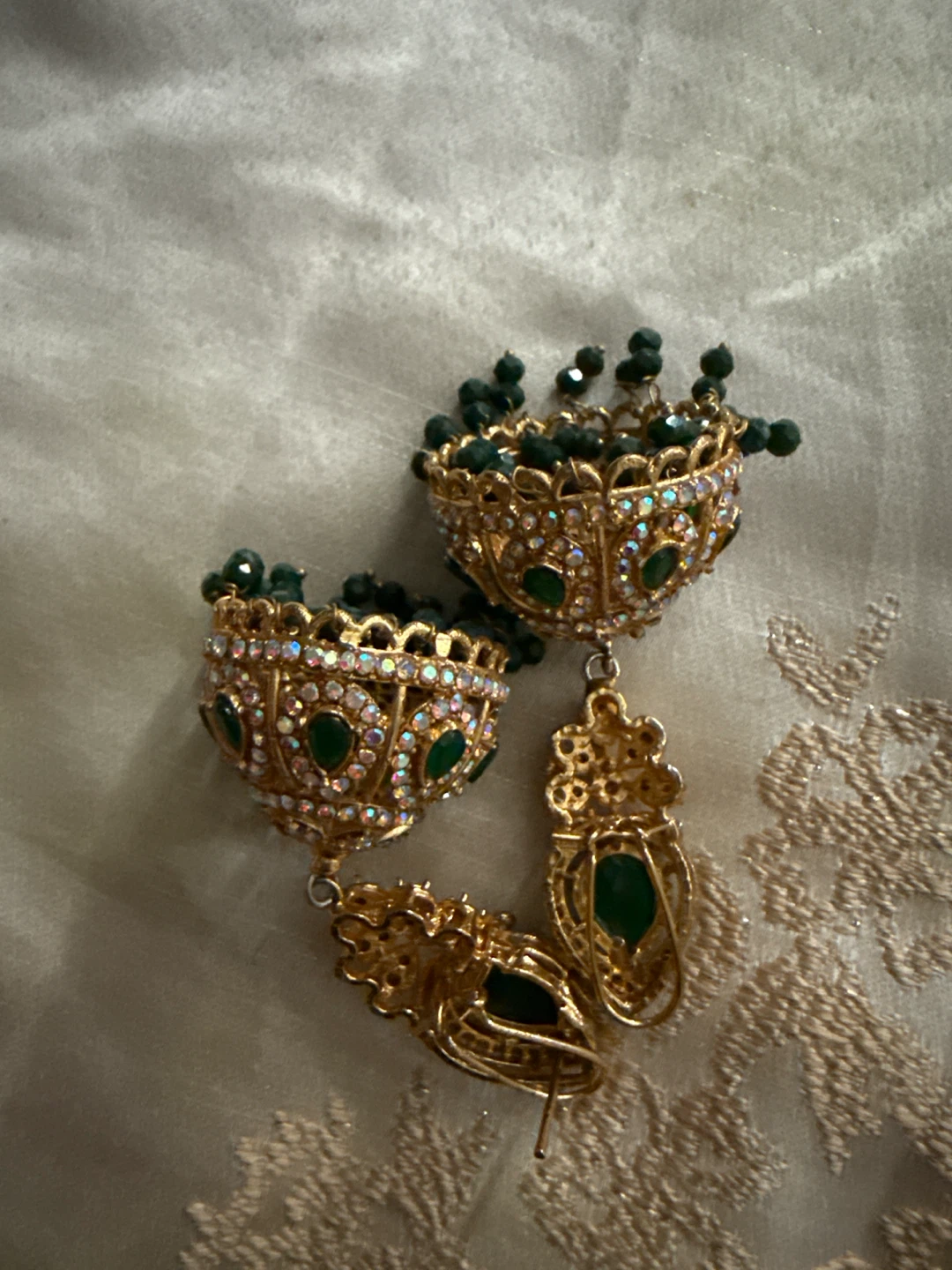 Gold Jhumka Earrings with Green Stones - photo 3