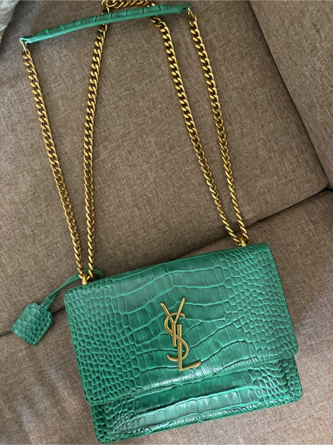 Saint Laurent Green Crocodile Embossed Chain Bag