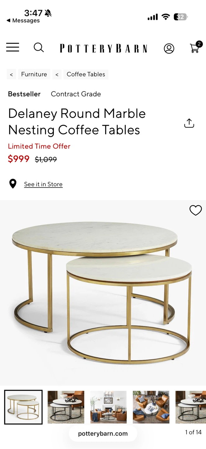 Pottery Barn Delaney Round Marble Coffee Tables - photo 2