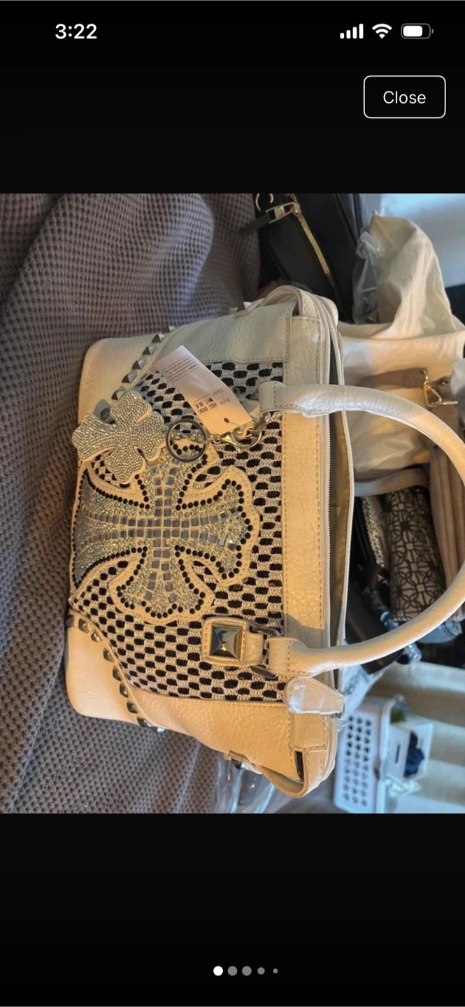 White and Black Embellished Handbag with Clover Charm