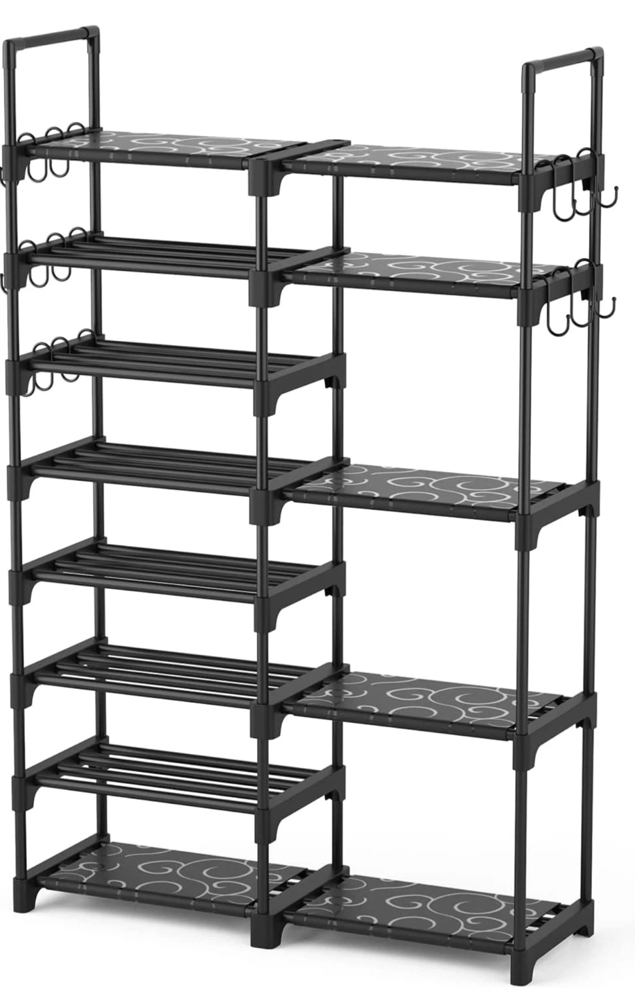 Black 8-Tier Shoe Rack with Decorative Shelves
