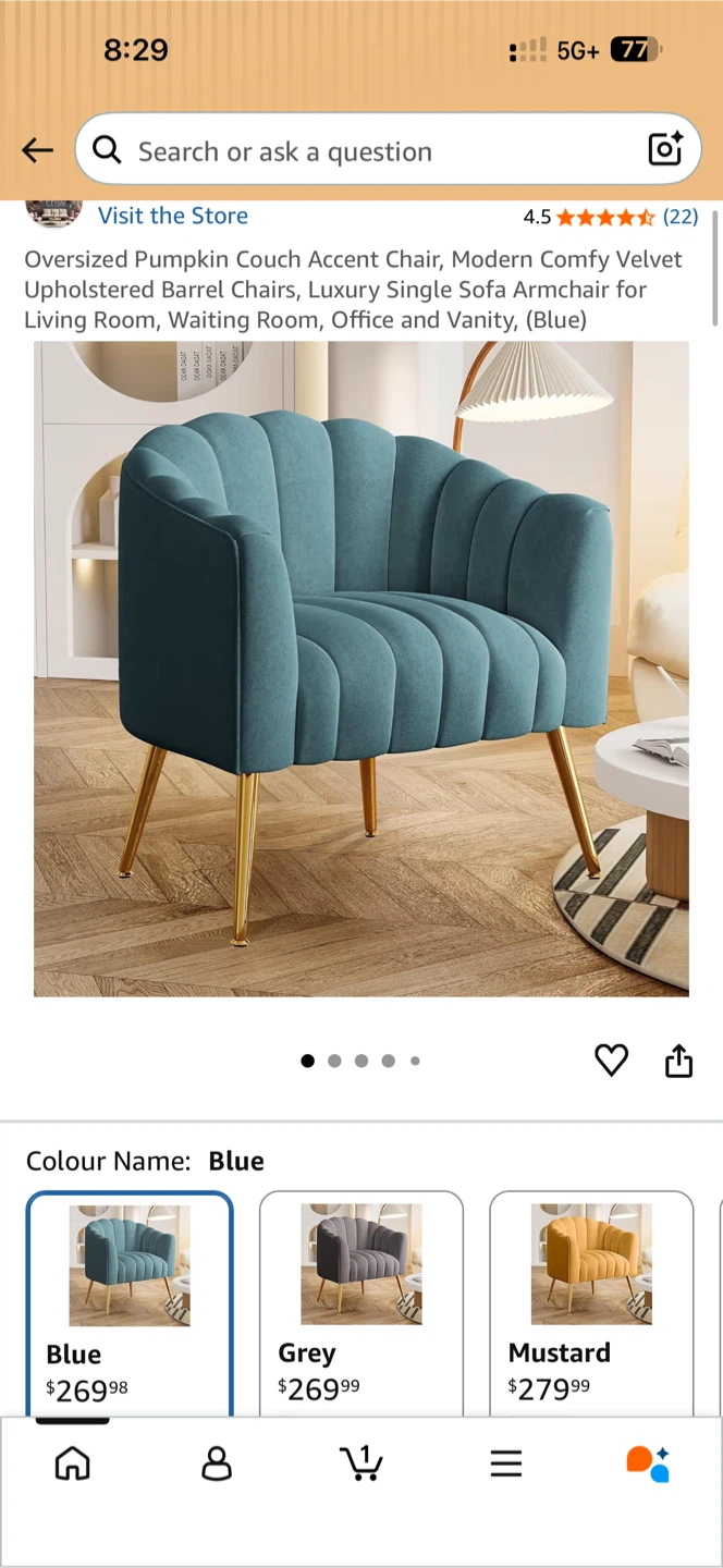 Velvet Accent Chair - Blue - photo 2