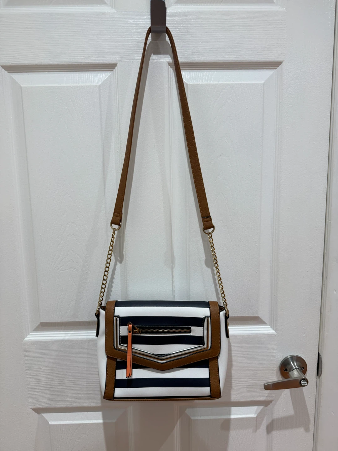 Striped Crossbody Bag with Brown Trim