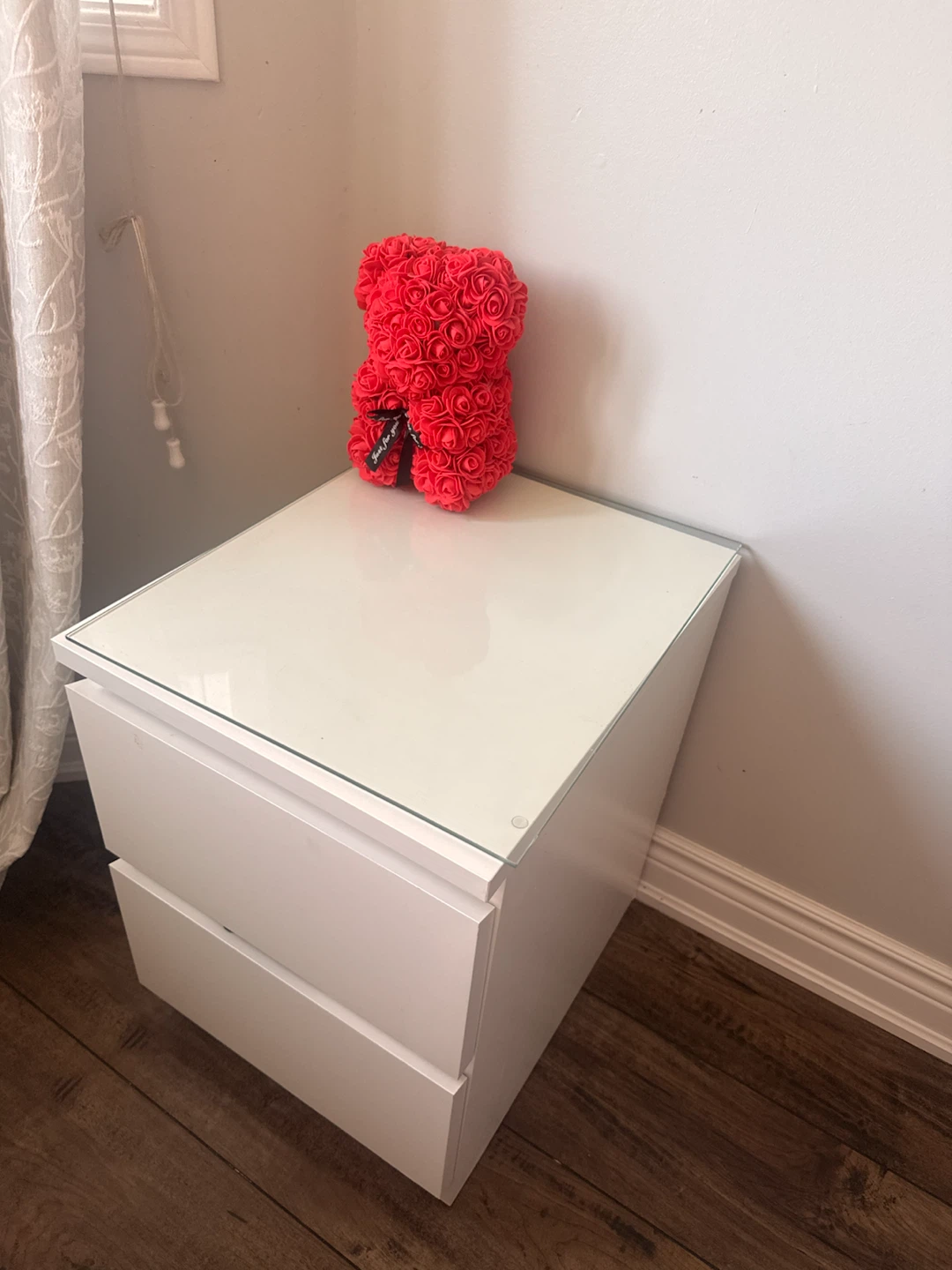 White IKEA Malm Nightstand with Glass Top
