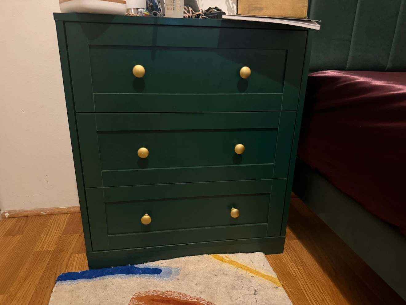 2 Forest Green 3-Drawer Dresser with Gold Knobs